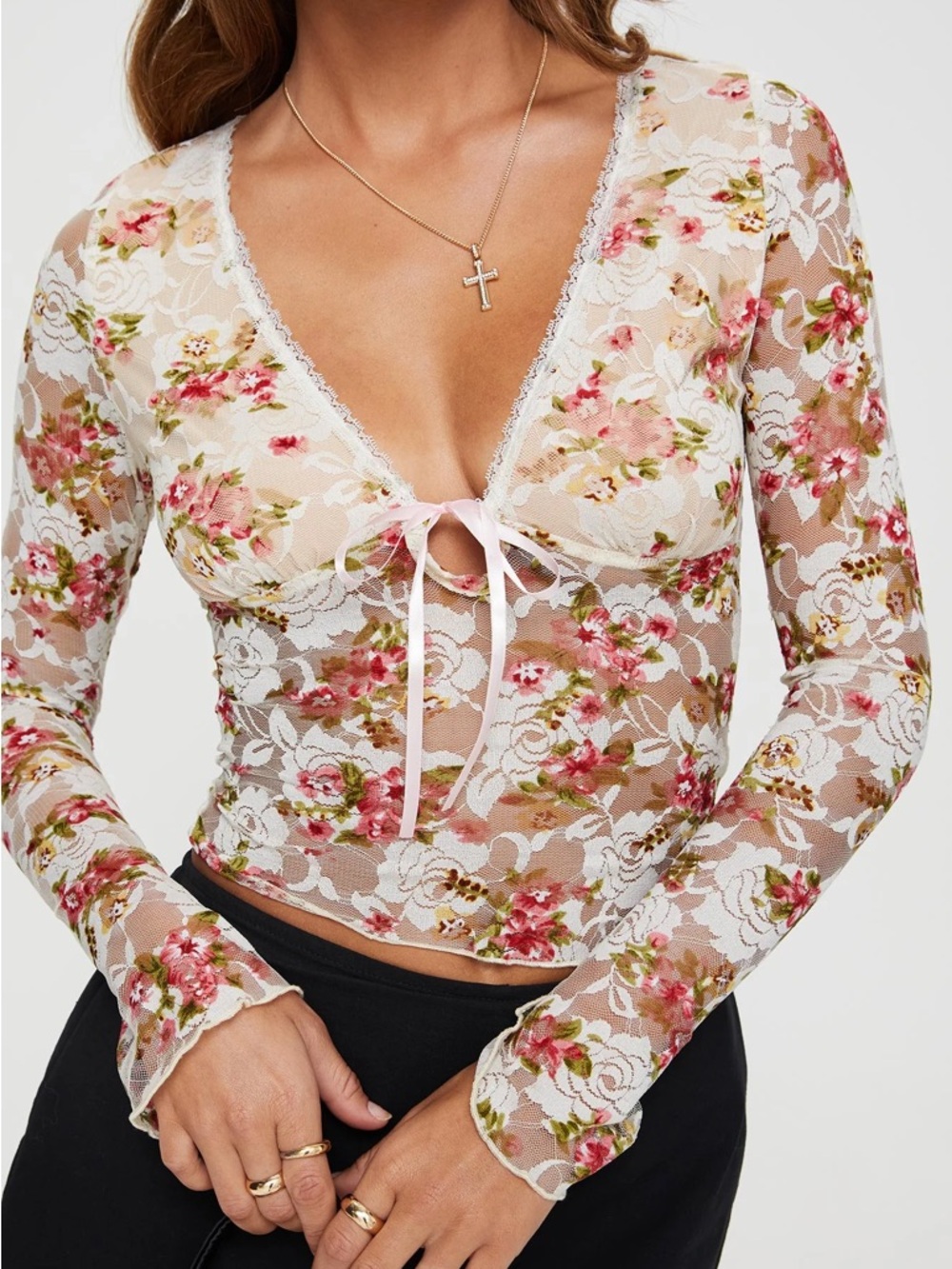 Princess Polly Amessa Long Sleeve Top Floral Lace in White Multi Size 2 Coquette